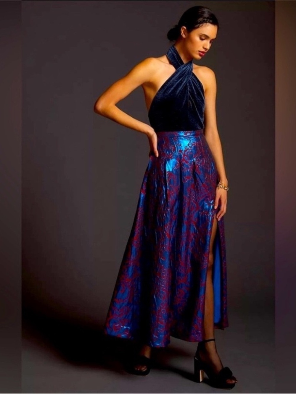 ANTHROPOLOGIE MAEVE PLEATED SHIMMER MAXI SKIRT BLUE RED